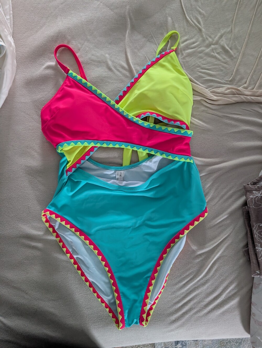 Popvil Neon Colorblock Cutout One-Piece Swimsuit - Pink, Yellow & Teal - Picture 1 of 3